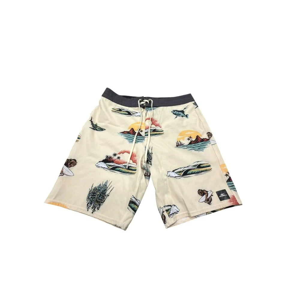 O'Neill Hyperfreak Board Shorts Mens 30 Cream Monkey Surf Tropical Stretch 18.5